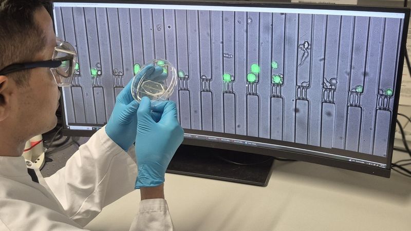 Abb. 1: Ein CellTrap-Chip vor dem Live-Mikroskopbild der Fallen. Jede Kammer enthält wenige Immun- und Krebszellen, deren Wechselwirkung über viele Stunden verfolgt wird.(Bild:  TUM)
