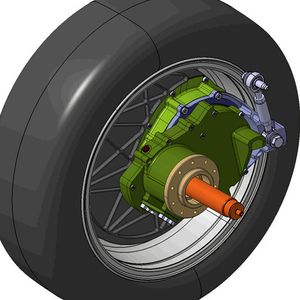 Ein vollkommen neuartiges In-Wheel-Getriebe ermöglich die radnahe aber karrosseriefeste Anbringung der Elektromotoren (nicht im Bild) und übernimmt die Radführung und Aufbaufederung gleich mit.