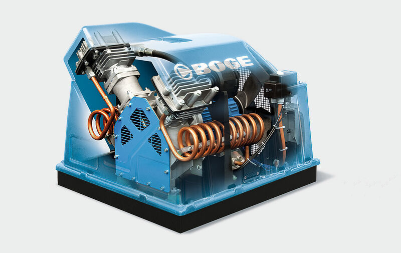 Das geschlossene Design der Kühlluft-Führungshaube aus ABS-Kunststoff erhöht die Arbeitssicherheit und erfüllt die Norm EN 1012-1 „Sicherheitsanforderungen für Kompressoren“. (Bild: Boge Kompressoren)