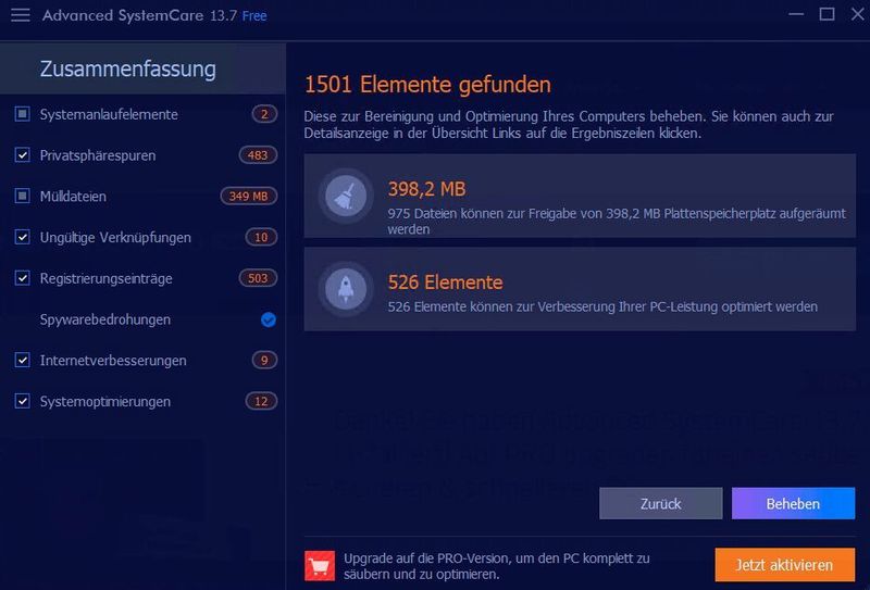 Die gefundenen Elemente werden in der Oberfläche angezeigt. (Joos/Advanced SystemCare Free (Screenshot))