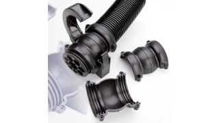 Die neuen Verbindungsgelenke für Kabelschutzsysteme von Reiku sind mit den Nennweiten 23 und 36 auf die spezifischen Anforderungen kleiner Industrieroboter abgestimmt. Das Bild zeigt die Verbindung eines Wellrohrs mit einem Kabelstern, der ebenfalls Teil des Systems ist. (Bild: Reiku)