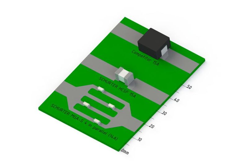 Das Bild zeigt einen Größenvergleich der neuen Sicherung zum Wettbewerbsprodukt. (Bild: Schurter)
