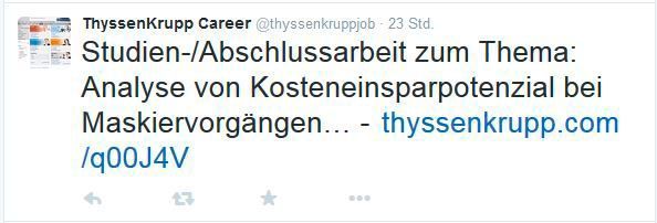 So rekrutieren die Dax-30-Unternehmen mit ihren Karriere-Seiten auf Twitter (in alphabetischer Reihenfolge). (Twitter/http://twitter.com/thyssenkruppjob)