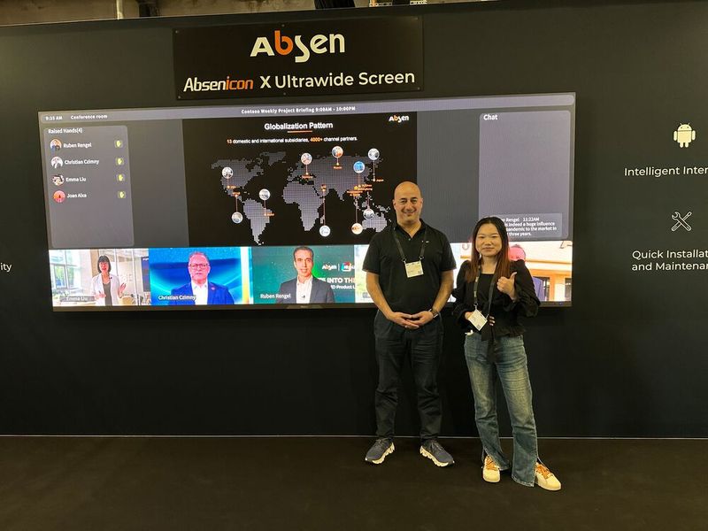 Max Hedayat und Elena Chen (Absen) brauchen keine Lupe bei dem Ultrawide Screen. (Bild: Vogel IT-Medien GmbH)