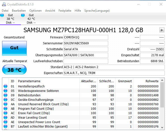 CrystalDiskInfo zeigt auf einen Blick die wichtigsten Daten einer SSD sowie deren aktuellen Zustand. (Joos/CrystalDiskInfo)