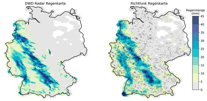48 Stunden akkumulierter Niederschlag mit dem Radarmessnetz des Deutschen Wetter Dienstes (DWD) im Vergleich zur Richtfunk-Regenkarte. (Graf et al., 2020)