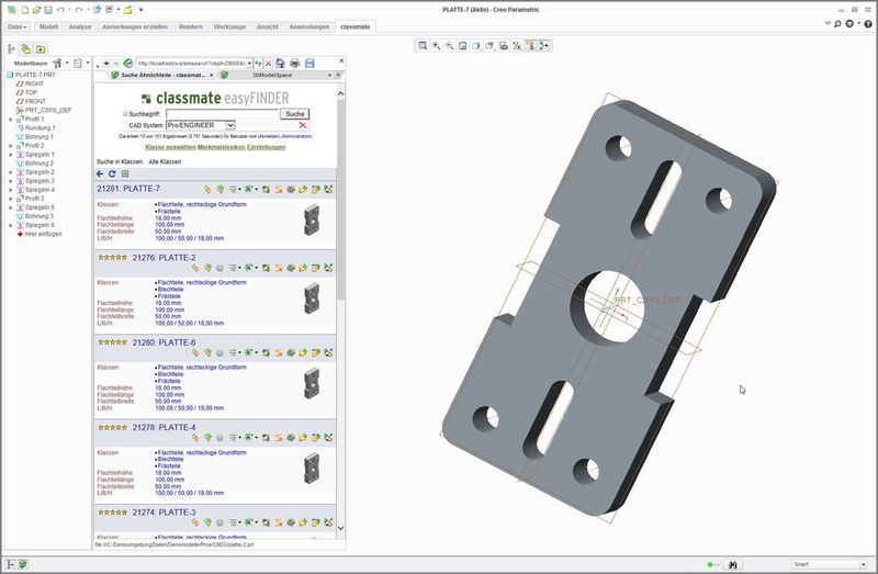 Ergebnisse einer Suche nach ähnlichen Bauteilen mit dem Easy-Finder in PTC Creo 2.0. (Bild: Simus Systems)