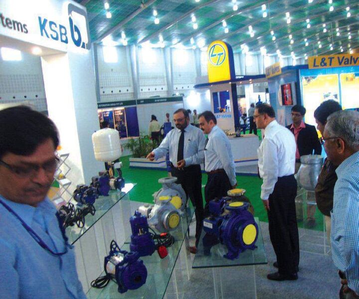 Visitors are taking a close look at the state-of-the-art pump technologies being displayed by KSB Pumps.  (Picture: PROCESS India)