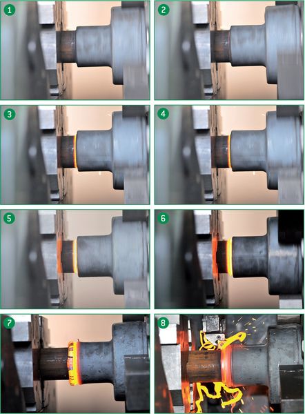 Rotationsreibschweißen Schritt für Schritt bis zum Abdrehen der charakteristischen Materialwulst. (Bild: Raiser)