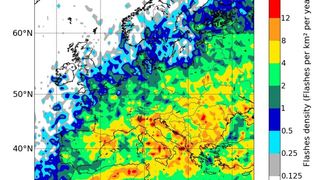 Die Blitzdichte in Europa pro km² im Jahr.  ( Met Office)