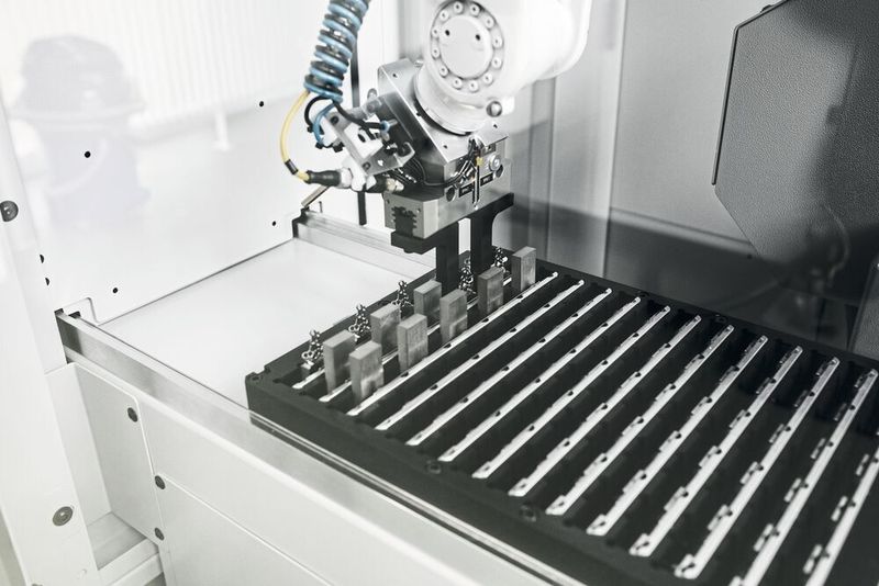 Die von  Medartis selbst konstruierte Werkstückpalette mit Vielfachaufnahmen stellt Titanrohlingen bereit beziehungsweise nimmt Fertigteile auf, wobei das Handling durch den Roboter komplett automatisiert ist.  (Medartis AG)