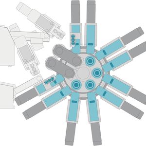 Index-Mehrspindeldrehautomat MS32-6 – Innenraum-Variante: «Vollausbau mit 2 Schwenk-Synchronspindeln».