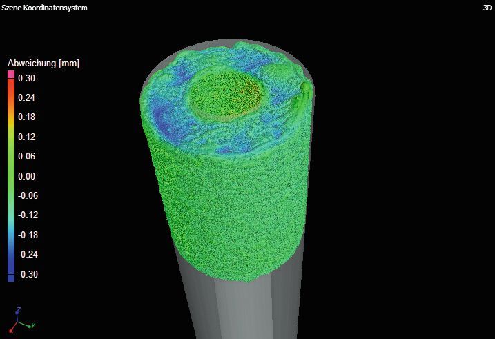 3D-Ansicht der nicht hirtisierten Düse mit Soll-ist-Vergleich zum CAD (Abweichung farbcodiert).  (Bild: Visiconsult)