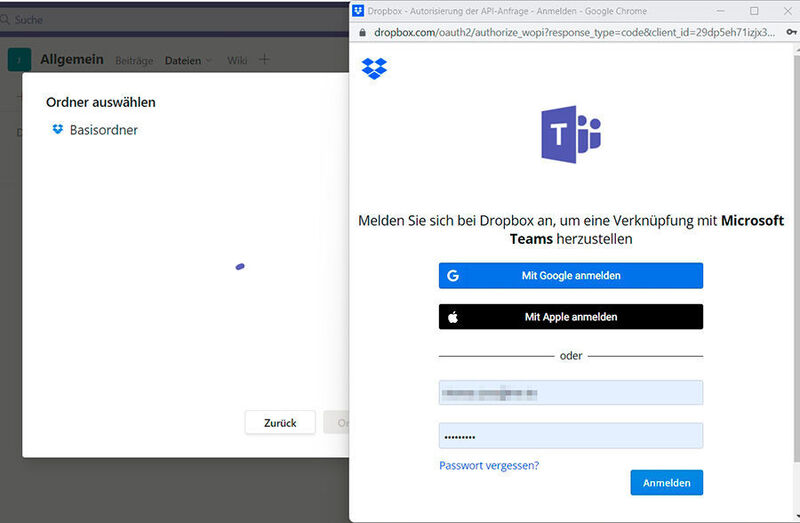 Anmelden an Dropbox für die Integration an Microsoft Teams. (Joos)