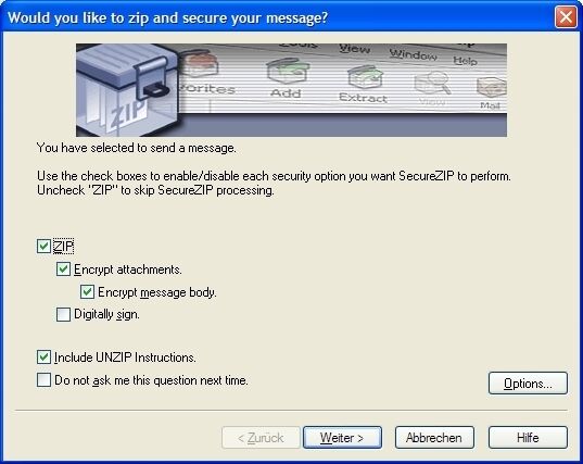Nach dem Klick auf „Senden“ in Outlook fragt SecureZIP, ob die Mail und die Anhänge verschlüsselt und signiert werden sollen. (Archiv: Vogel Business Media)