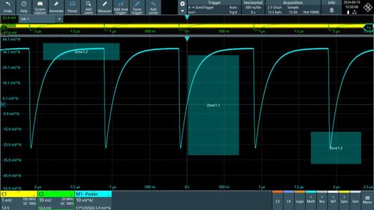 Figure 2: Zone triggering on mathematically processed measurement signals offers a flexibility that cannot be achieved with conventional oscilloscope triggers. You can trigger on the power in watts, the energy in joules, the total current, the total charge in coulombs or any signal that can be mathematically defined.(Image: Rohde & Schwarz)