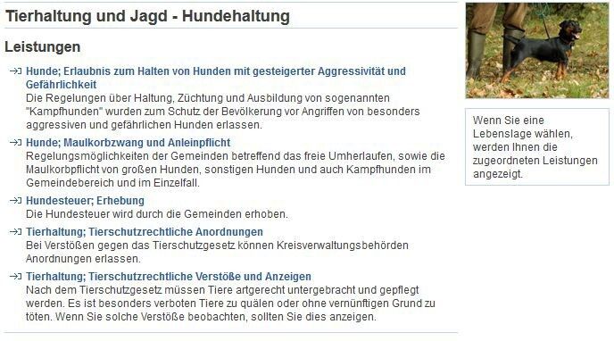 Klickt man auf weiter, beispielsweise auf „Hundehaltung“, bekommt man weiterführende Links angezeigt. Ebenso ... (Bild: Bayersiches Staatsministerium des Innern)