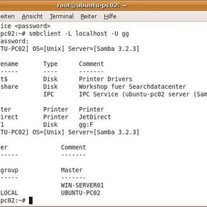 Diese Ausgabe von smbclient zeigt eine globale Freigabe (Testshare) und ein User-Share (test1).