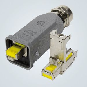 Das Bild zeigt das neue Prelink-RJ45-Modul für bekannte Han-3-A-Industriesteckverbinder.