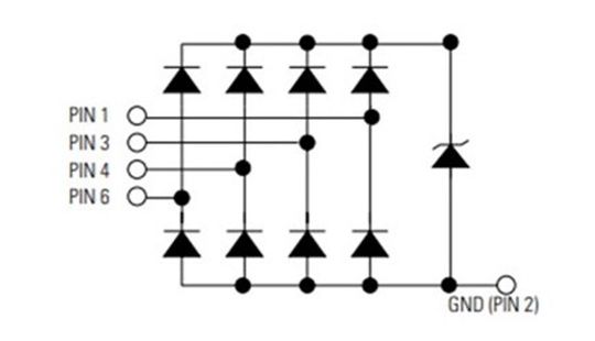 Abbildung 2: 4-Kanal-TVS-Diodenarray mit einer Zener-Diode zum Schutz vor transienten Spannungen.(Bild:  Littelfuse)
