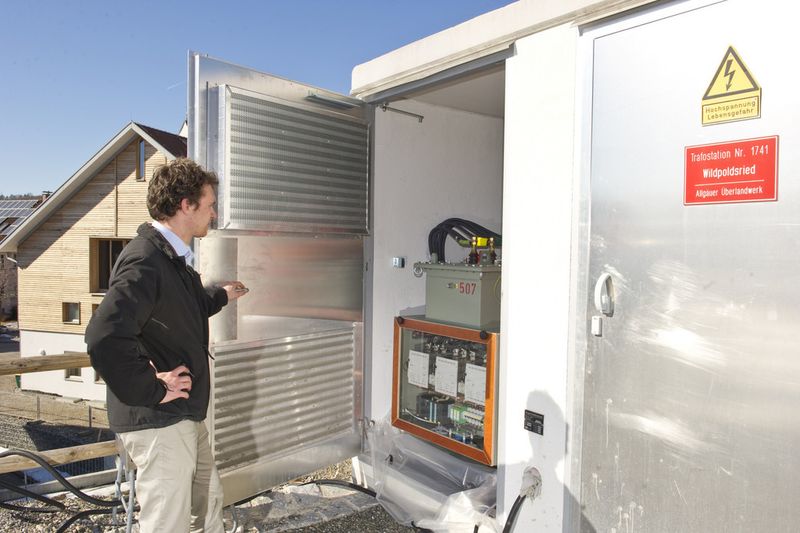 Um die Stromnetze stabil zu halten, hat Siemens in Wildpoldsried einen regelbaren Ortsnetztrafo eingebaut, der Spannungsschwankungen ausgleicht – in Hochspannungsnetzen ist das üblich, in den mit Niederspannung betriebenen Ortsnetzen aber ein absolutes Novum. Beim regelbaren Ortsnetztrafo werden Spannungswerte an der Sammelschiene in der Trafo-Station gemessen und mit dem eingestellten Sollwert verglichen. Stimmen die verglichenen Werte nicht überein, so regelt der Trafo die Spannung auf Sollwert hoch oder runter. Das Ergebnis: Es gibt keine Spannungserhöhungen, die Spannungsqualität ist überall im Netz gleich hoch. (Siemens)
