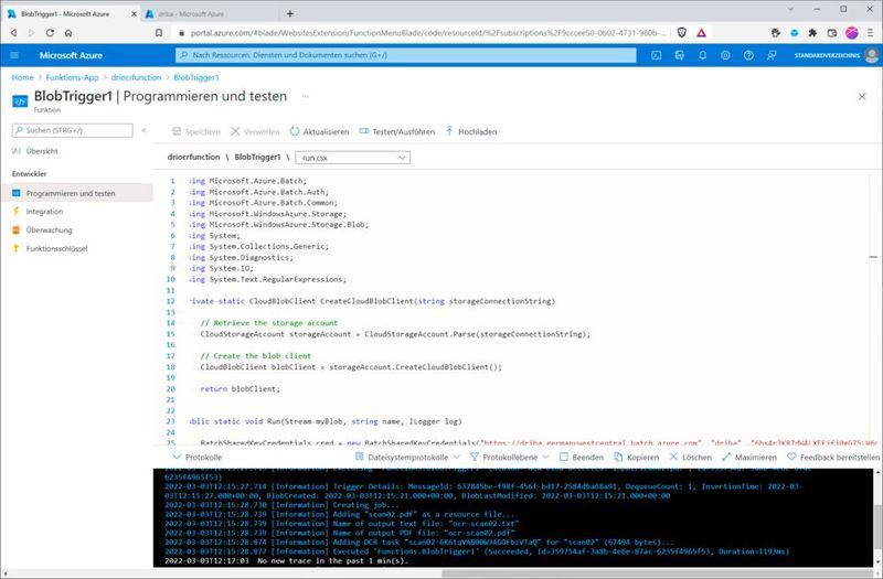 Ob die Azure-Function erfolgreich gelaufen ist, lässt sich in der Azure-Function selbst unter „Protokolle“ nachvollziehen … (Bild: Drilling / Microsoft)