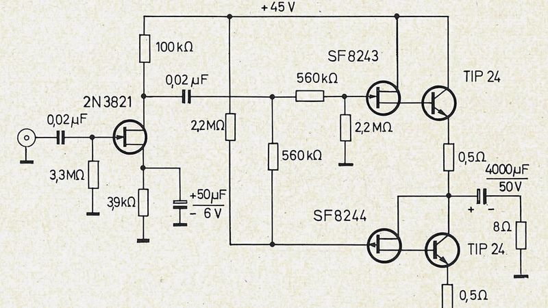 Damals wie heute: Pratisch aufgebauter NF-Leistungsverstärker für B-Betrieb mit Feldeffekttransistoren.(Bild:  Texas Instruments)