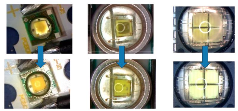 Bild 5: Die Verfärbung von LEDs durch VOCs lässt sich komplett revidieren, wenn die Leuchtdioden nicht mehr dem Einfluss der schädlichen Substanzen ausgesetzt sind. ( Cree)