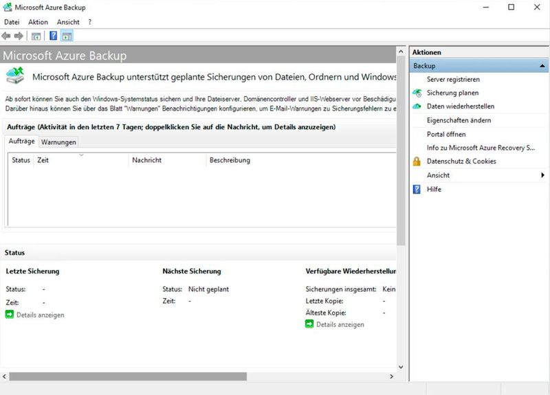 In der Oberfläche der Windows Server-Sicherung lassen sich Sicherungen und Wiederherstellung aus Azure Backup konfigurieren. (Bild: Joos - Microsoft)