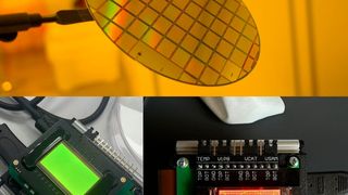 Above, you can see an innovative micro-LED backplane that Fraunhofer researchers have launched together with Vuzix. Below, it is shown in use with green micro-LEDs and red OLED pixels. (Image:Fraunhofer-IPMS)