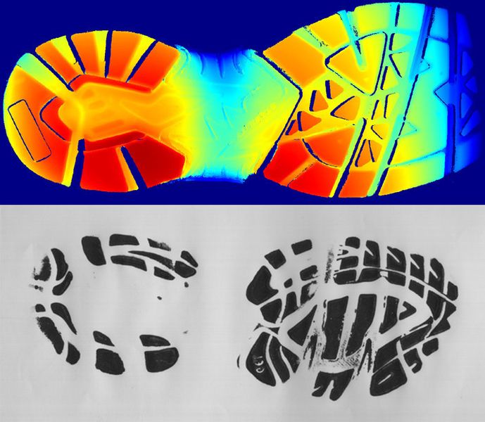 3D-Scans von Schuhabdrücken (farbig codierte Höheninformation) erhöhen die Aufklärungsrate von Verbrechen. Die Mechatronik liefert die Grundlagen für den Scanner und das Sensorprinzip. (Bild: ZHAW)
