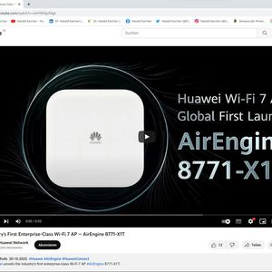 Huawei hat seinen AirEngine 8771-X1T Wi-Fi-7-Enterprise-Class-Access-Point schon am 20. Oktober 2022 durch ein kurzes Video öffentlich gemacht. Als Datenrate nennt Huawei dort lediglich die WLAN-Summe von 18,67 Gigabit.(Bild:  Huawei)