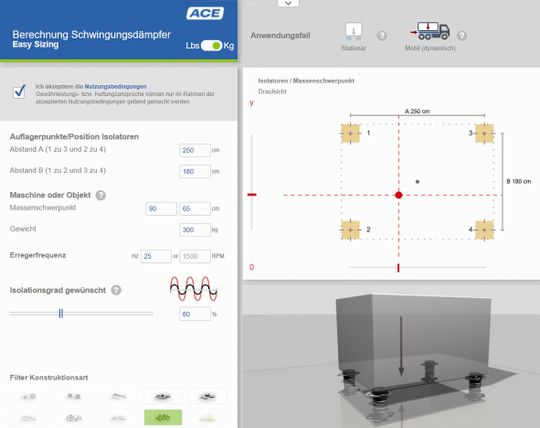 (Unter www.ace-ace.de/de/berechnungen/schwingungsdaempfung.html können Nutzer mehr als 2/3 aller typischen Auslegungsfälle in kürzester Zeit selbstständig berechnen und sich dafür die ideal passende Maschinenlagerung anzeigen lassen. Bildquelle: ACE Stoßdämpfer GmbH)