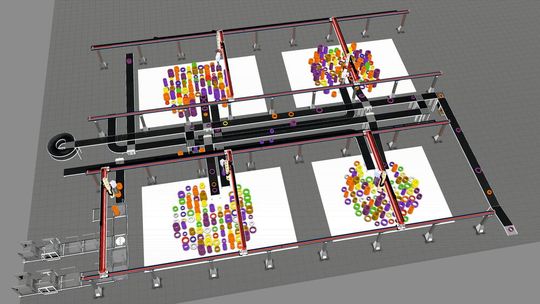 Zur Sortierung, Zwischenlagerung und Palettierung von Reifen für die Automobilindustrie entwickelte Güdel eine Automatisierungslösung mithilfe einer 3D-Fabriksimulation. Zur Sortierung, Zwischenlagerung und Palettierung von Reifen für die Automobilindustrie entwickelte Güdel eine Automatisierungslösung mithilfe einer 3D-Fabriksimulation.