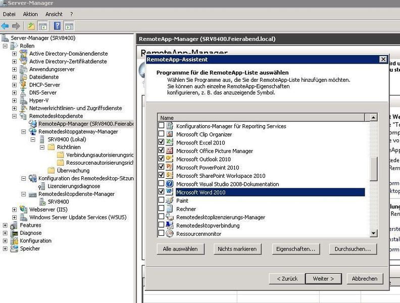 Abbildung 8: Microsoft Management-Konsole – Auf dem Server installierte Anwendungen können schnell per Mausklick ausgewählt werden, um später dann in den Richtlinien bestimmten Benutzern zur Verfügung gestellt zu werden. Der Anwender kann die Anwendung bequem über einen gängigen Browser starten (siehe Browserfester bei Citrix, Abbildung 13). (Archiv: Vogel Business Media)