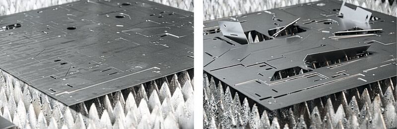 Links: Perfektes Schneidergebnis mit Tilt Prevention. Rechts: Aufstehende Teile nach dem Laserschneiden ohne Tilt Prevention. (Bystronic)