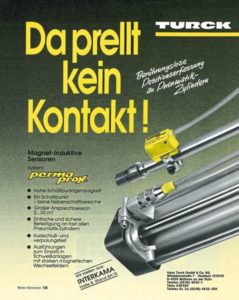 1986: Turck bringt den weltweit ersten magnetinduktiven Sensor auf den Markt und vereinfacht damit die Messung von Kolbenpositionen in Pneumatikzylindern. (Turck)