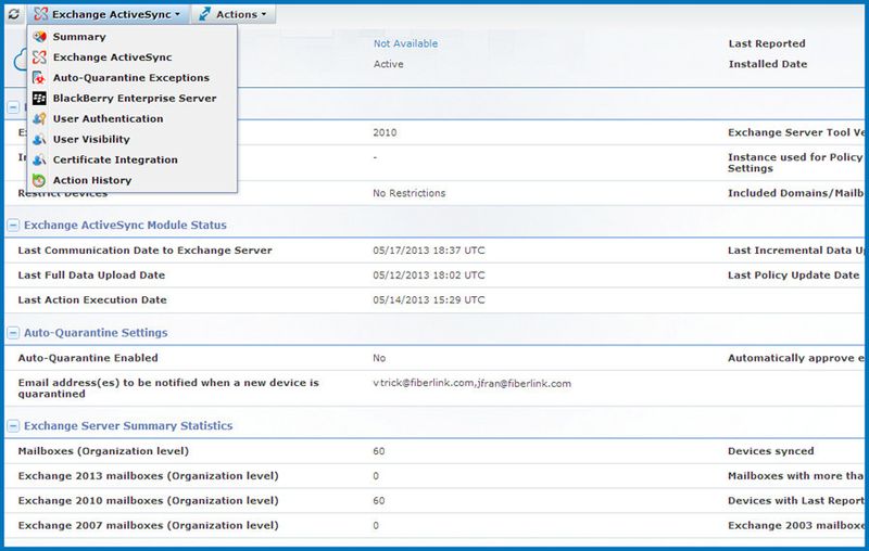 Mit Hilfe von Exchange ActiveSync kann der Fiberlink-Admin eine enge Integration am Backend realisieren. Bemerkenswert ist die Funktion der automatischen Quarantäne für einen Client. (Bild: IBM/Fiberlink)
