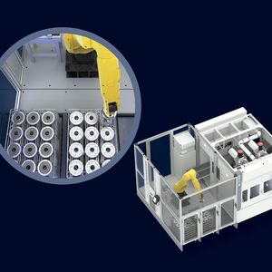 Automationszelle mit Korbstapeln: Hier erfolgt die Be- und Entladung des Systems über Körbe, aus denen der Roboter die orientierten Werkstücke greift bzw. ablegt. Die leeren Körbe werden auf einen Stapel umgesetzt.(Bild:  Emag)