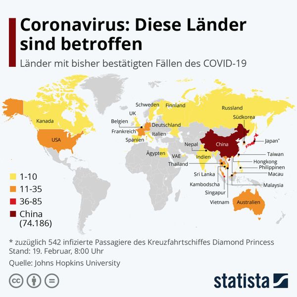 In einigen weiteren Ländern gibt es Verdachtsfälle, darunter in Russland, Indien, Indonesien, Mexiko, Brasilien und Schweden. (Bild: Statista)