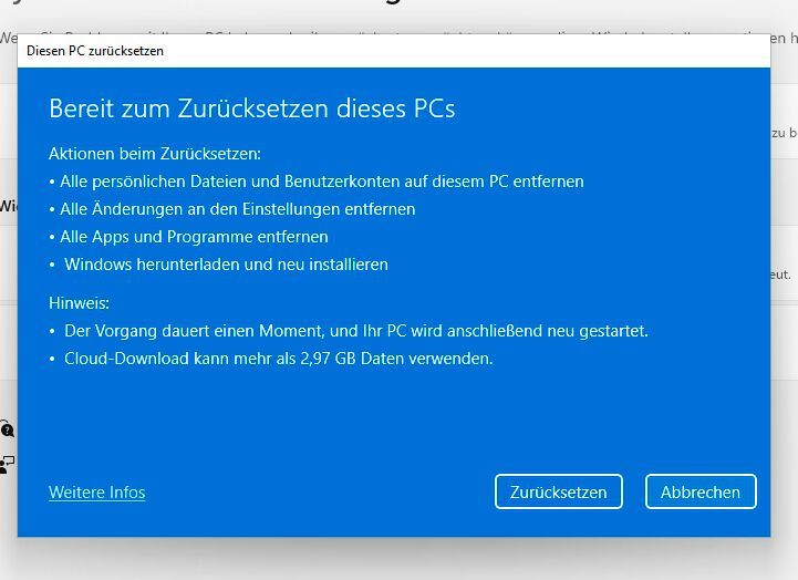 Steuern der Optionen vor dem Zurücksetzen von Windows 11. (Bild: Microsoft / Joos)
