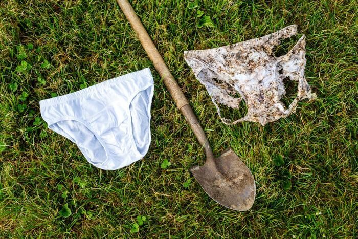 After being buried in the ground for two months and broken down by soil organisms, a new pair of cotton underwear (left) shows clear signs of decomposition (right). (Source: Nicolas Zonvi)