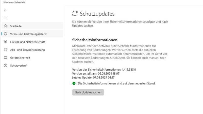 Überprüfen der Definitionsdateien von Microsoft Defender. (Bild: Joos)