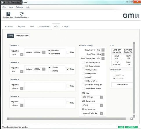 Bild 6: Der Screenshot zeigt das Design-Tool (GUI) des Evaluation-Board zum Micro-PMIC AS3701A. (Bild: ams)