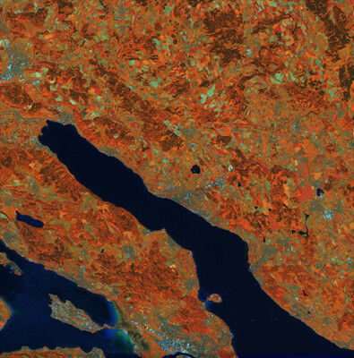 Showing the northwest top of Lake Constance in southern Germany, this image simulates how Sentinel-2’s visible and near-infrared bands will be used to see differences in vegetation, with dark red to light green depicting high to low chlorophyll content, respectively. (Blackbridge)