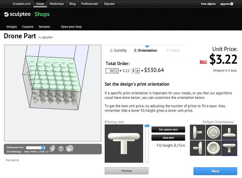 Mit „Batch Control“ lassen sich Bauteile einfacher in Serie kalkulieren und bestellen. (Bild: Sculpteo)