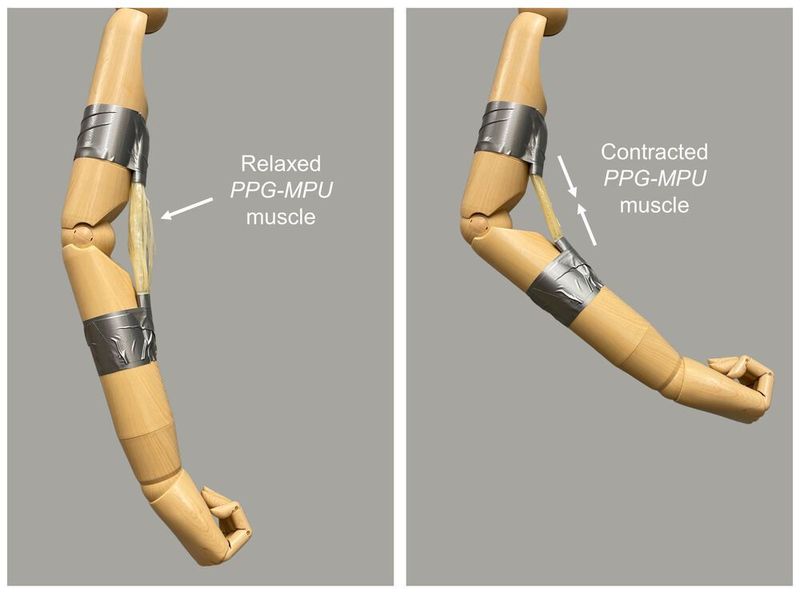 An artificial muscle made of a stretched shape memory polymer contracts upon heating, bending a mannequin’s arm. (Adapted from ACS Central Science 2021, DOI: 10.1021/acscentsci.1c00829)