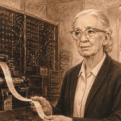Illustration: Grace Hopper an einem frühen elektromechanischen Rechner mit Lochstreifen. Ihre Arbeit an frühen Compilern und höheren Programmiersprachen prägte die Entwicklung der Computerprogrammierung. (Bild: Dall-E / KI-generiert)