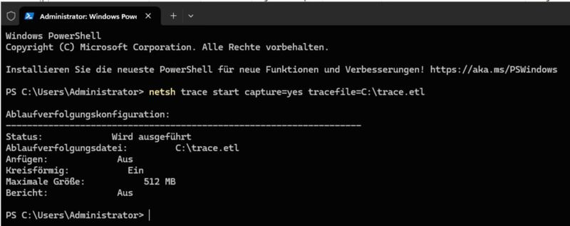 Starten eines Capture-Vorgangs in Windows mit netsh. (Bild: Joos | Microsoft)