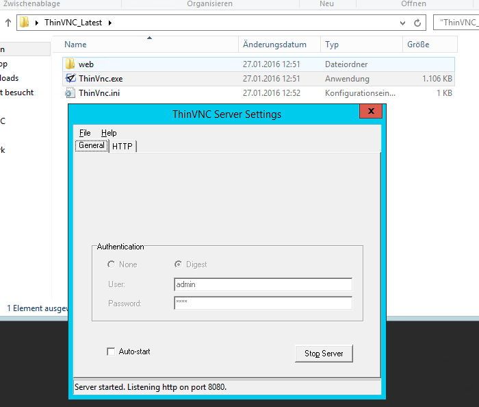 Nach dem Start des ThinVNC-Servers lässt sich festlegen mit welchem Benutzer und Kennwort der Zugriff erfolgen soll. Auch der Port für den Zugriff lässt sich hier steuern. (Bild: Joos)